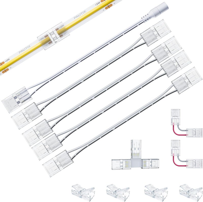 PAUTIX 8mm Connectors for 2-Pin COB LED Strip Lights,4pcs Transparent Gapless Connectors,4pcs Dual End,1pc Single to DC Female Plug 7.9in Extension Wire,2pcs L-shaped Connectors,1pc T-shaped Connector - Image 1